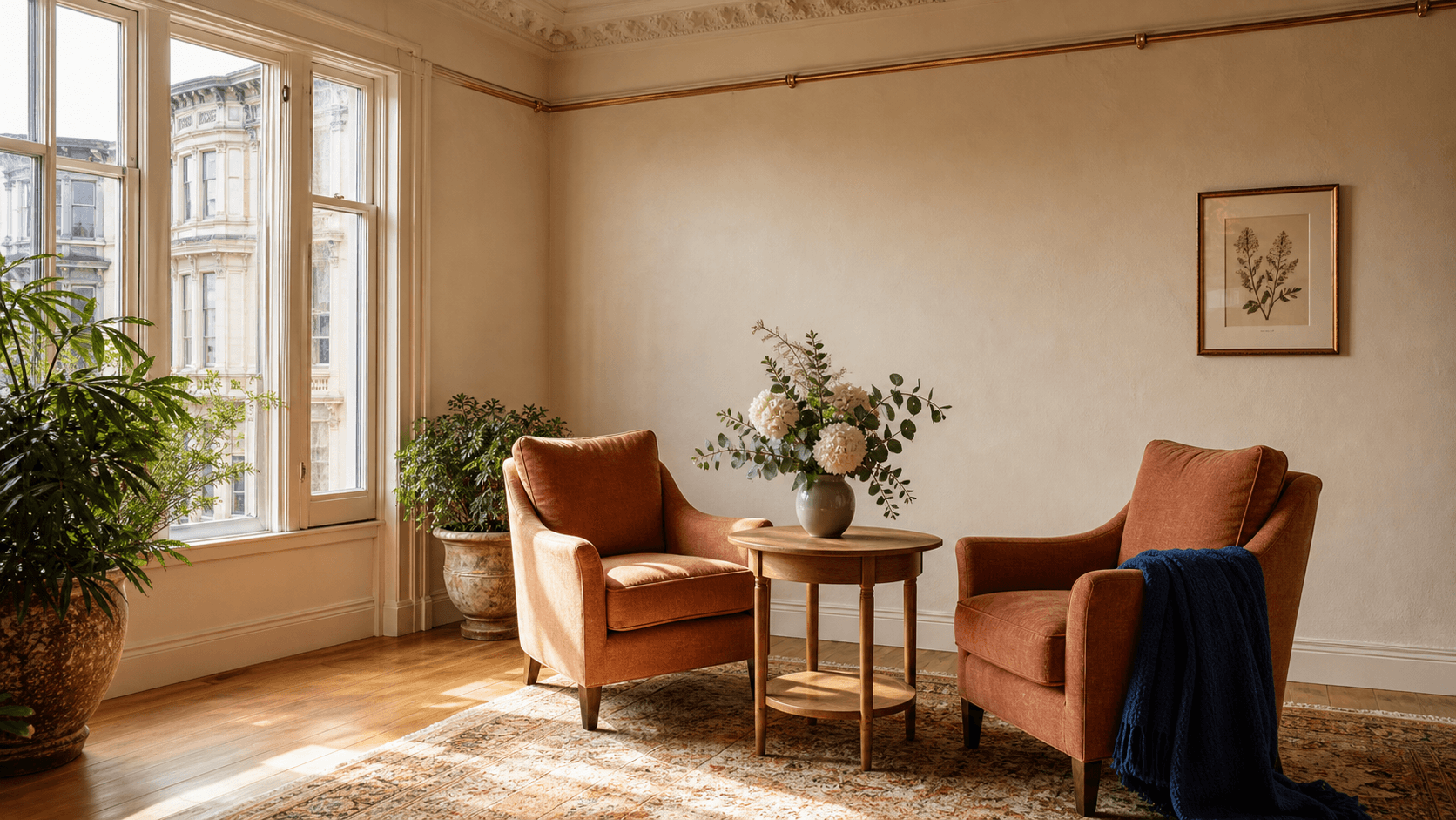 Sunlit residential common room with terracotta armchairs and a window onto a Portola district street