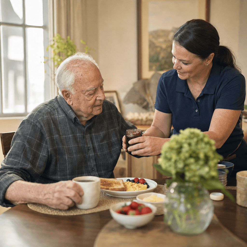 An elderly resident at breakfast being handed a small jar of jam by a caregiver in a navy polo, in a bright renovated dining area