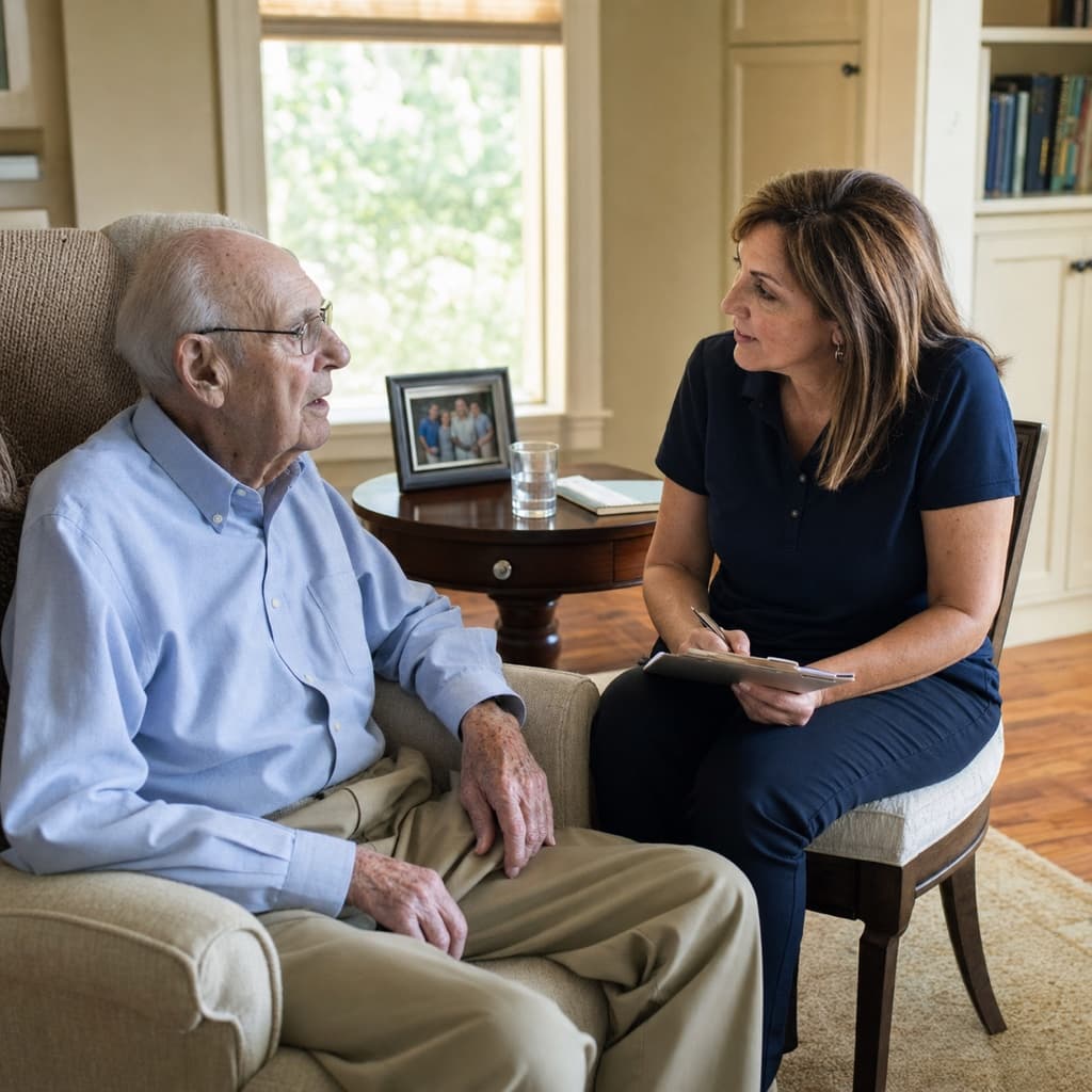 An elderly resident speaking with a caregiver in a navy polo who is taking notes on a clipboard