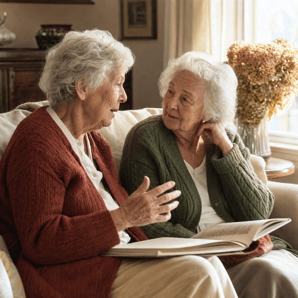 Two residents in their late 80s sitting together on a linen sofa in a sunlit common room, mid-conversation with an open book between them